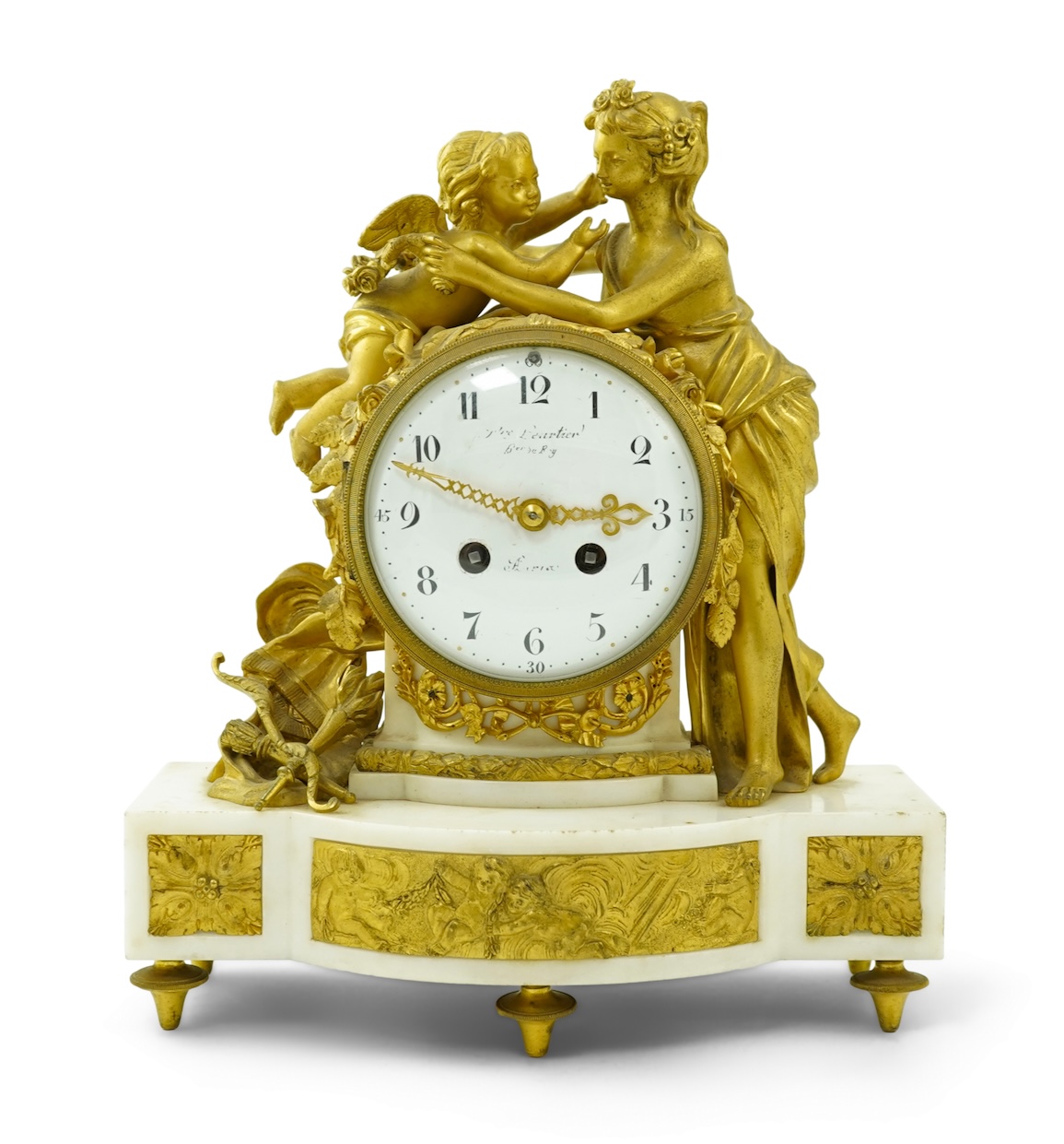 An early 19th century French figural ormolu and white marble mantel clock